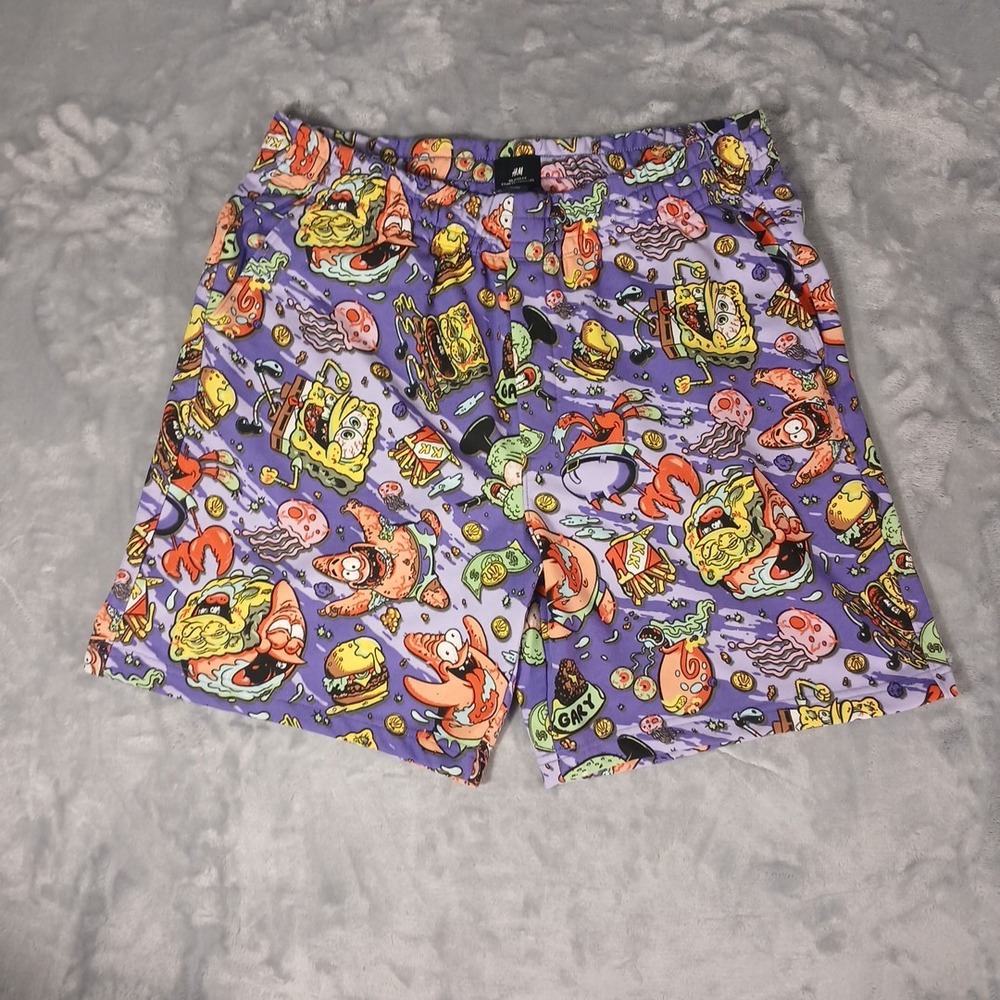 H&M Relaxed Fit SpongeBob SquarePants Men's Lrg Purple SweatShorts W/ Drawstring